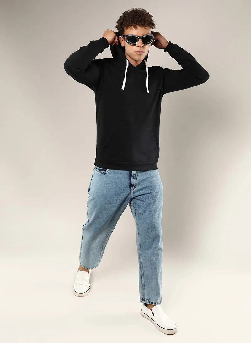 Campus Sutra Men's Black Pullover Hoodie With Contrast Drawstring