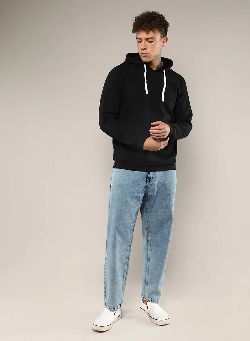 Campus Sutra Men's Black Pullover Hoodie With Contrast Drawstring