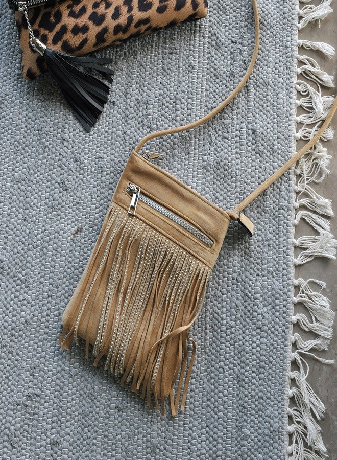 HOXIS Tassel Velvet Crossbody Bag Bling Glitter Purse Sparkle Women Evening Bag (Tan) - Image 2