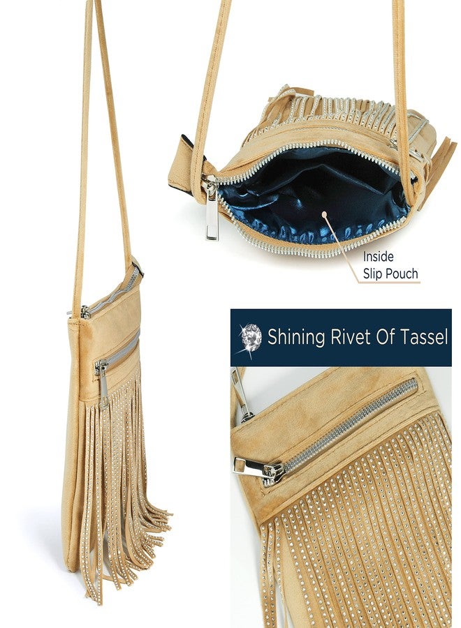 HOXIS Tassel Velvet Crossbody Bag Bling Glitter Purse Sparkle Women Evening Bag (Tan) - Image 4