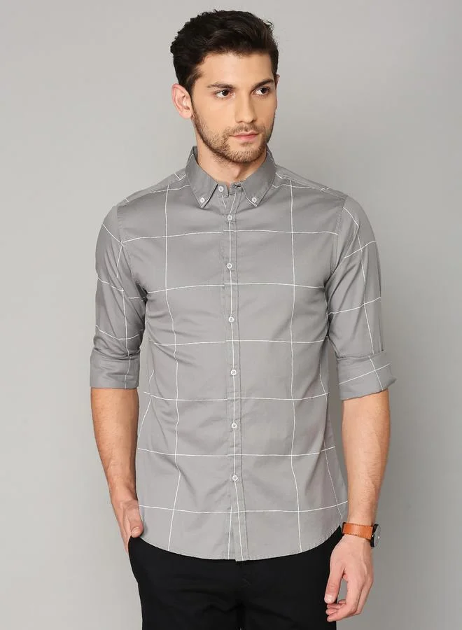 Slim Fit Grey Men's Solid Shirt, Spread Collar, Full Sleeves, 100% Cotton,
