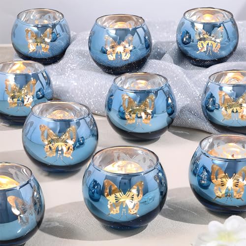 Lanttu Blue Votive Candle Holders Set 12 PCS Tea Lights Candle Holder Decorative Bulk with Butterfly Pattern Candle Holders for Wedding Blue Bridal Shower Parties and Holiday Decorations - Image 1