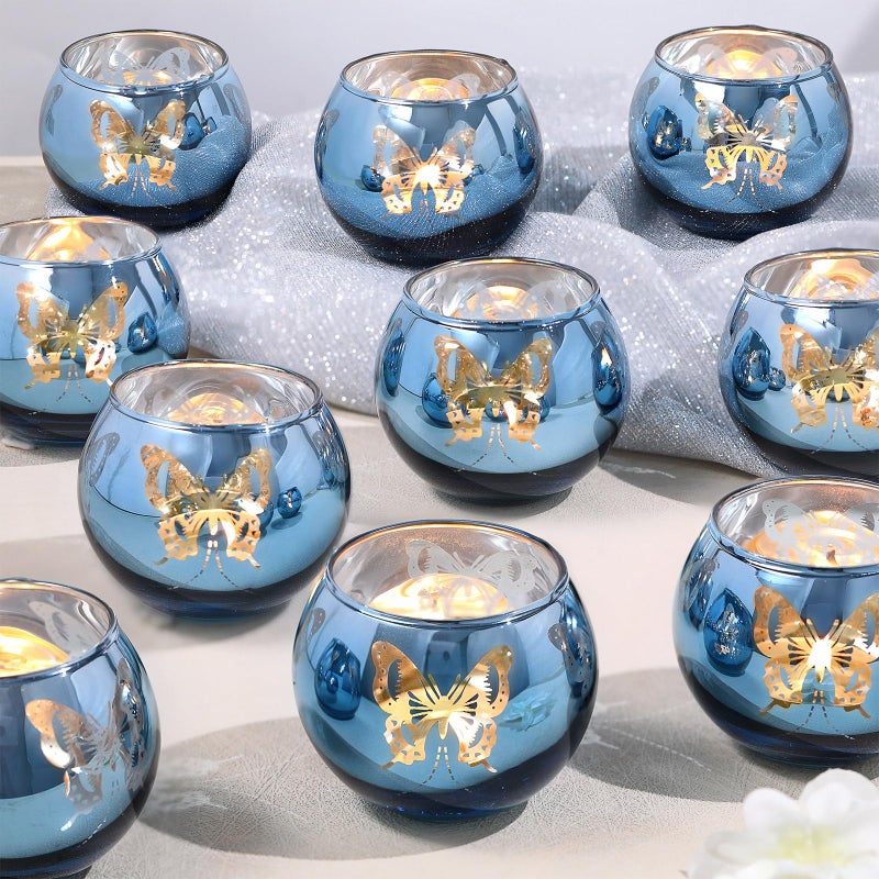 Lanttu Blue Votive Candle Holders Set 12 PCS Tea Lights Candle Holder Decorative Bulk with Butterfly Pattern Candle Holders for Wedding Blue Bridal Shower Parties and Holiday Decorations - Image 2