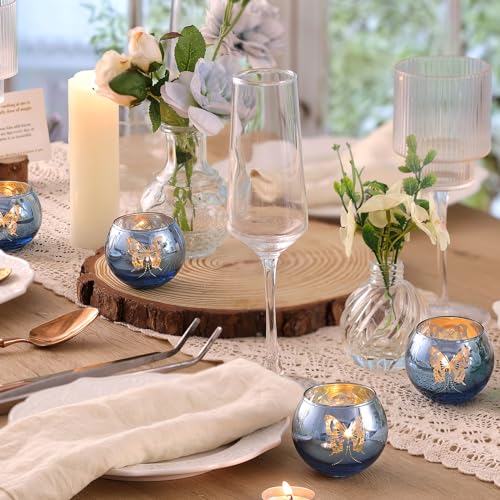 Lanttu Blue Votive Candle Holders Set 12 PCS Tea Lights Candle Holder Decorative Bulk with Butterfly Pattern Candle Holders for Wedding Blue Bridal Shower Parties and Holiday Decorations - Image 3