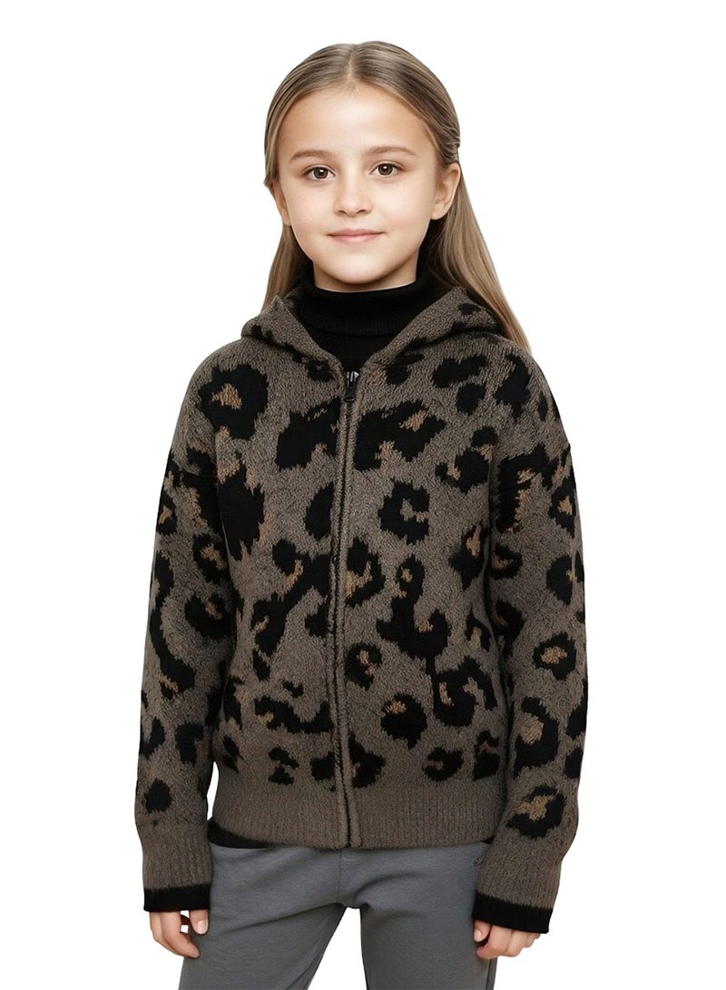 ويني بي سترة فاشية للبنات بزخارف الأسد، سترة فضفاضة بسحاب من الفرو الدافئ مع خليط الصوف، سترة شتوية بتصميم حيواني - Image 1