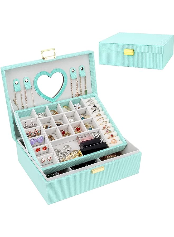 Excefore Box Organiser for Women, 2 Layers Velvet Jewellery Storage Case with Mirror, Large Removable Compartment Jewelry Organiser for Rings, Earrings, Bracelets, Necklaces, Mint Green - Image 1