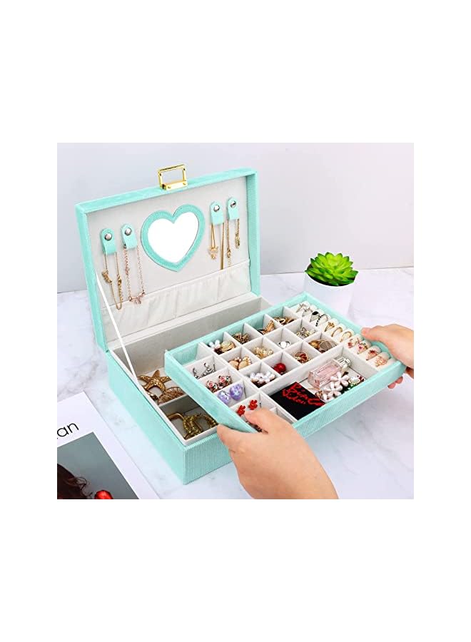 Excefore Box Organiser for Women, 2 Layers Velvet Jewellery Storage Case with Mirror, Large Removable Compartment Jewelry Organiser for Rings, Earrings, Bracelets, Necklaces, Mint Green - Image 3