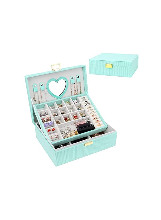 Excefore Box Organiser for Women, 2 Layers Velvet Jewellery Storage Case with Mirror, Large Removable Compartment Jewelry Organiser for Rings, Earrings, Bracelets, Necklaces, Mint Green - Image 2