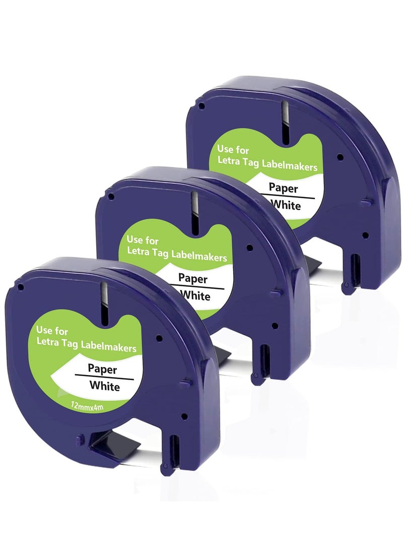 Captaintech Compatible Dymo LetraTag Label Tape Replacement, White Paper 12mm x 4m Refills 91200 S0721510, Black on White for LT-100H, LT-100T, QX50, XR, XM 2000 - 3-Pack - Image 1