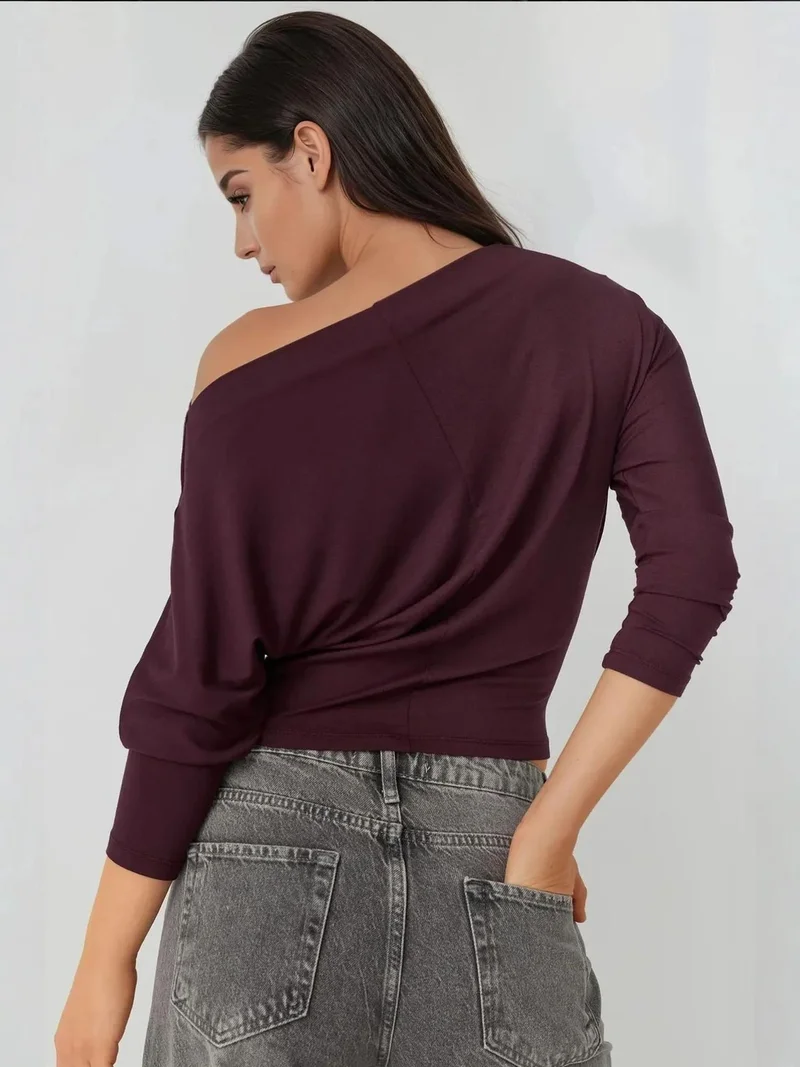 HICCUP Asymmetrical Collar Long Sleeve Elastic Knit T-Shirt