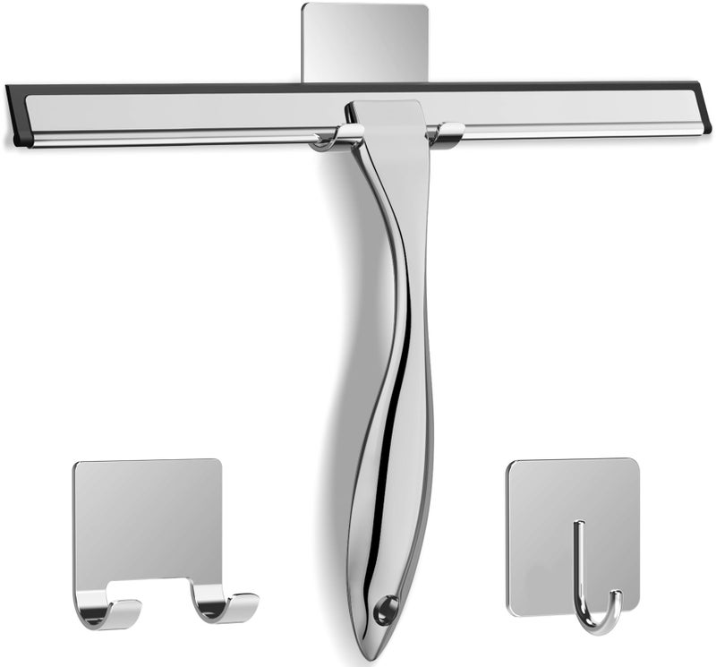 AllPurpose Stainless Steel Shower Squeegee for Shower Doors with 2 Adhesive Hooks Bathroom Cleaner Tool Household Window Mirror Squeegee for Home Cleaning Glass Door Tile Wall Car 12 Inch Silver