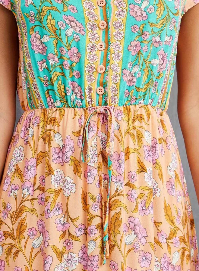 Take Two Short Sleeves V Neck Bohemian Ruffle Hem Midi Dress