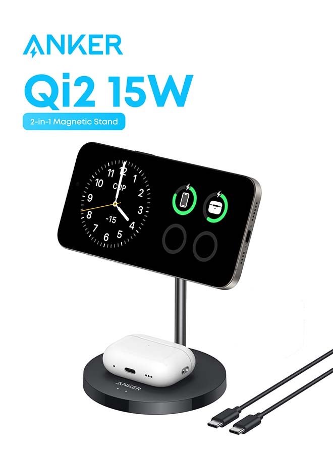 Anker Upgraded MagSafe Compatible Charger Stand, MagGo 2-in-1 Charging Station, Qi2 Certified 15W Wireless Charger Stand, for iPhone 17/16/15/14/13, AirPods Pro (No AC Adapter) - Image 1