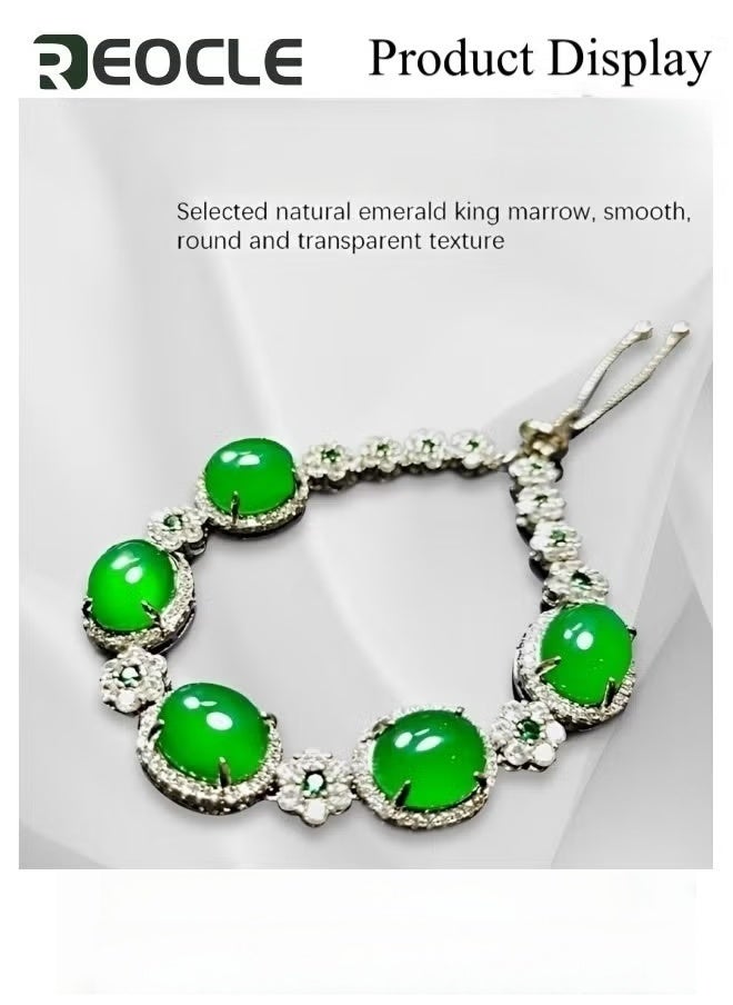 REOCLE Women's Bracelet Green Agate Bracelet Elegant Exquisite Bracelet  Crystal Flower Connection Diamond Round Bead Design Lucky Jade Bracelet as Jewelry Gift for Ladies  - Image 3