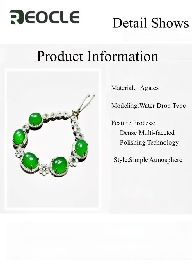 REOCLE Women's Bracelet Green Agate Bracelet Elegant Exquisite Bracelet  Crystal Flower Connection Diamond Round Bead Design Lucky Jade Bracelet as Jewelry Gift for Ladies  - Image 5