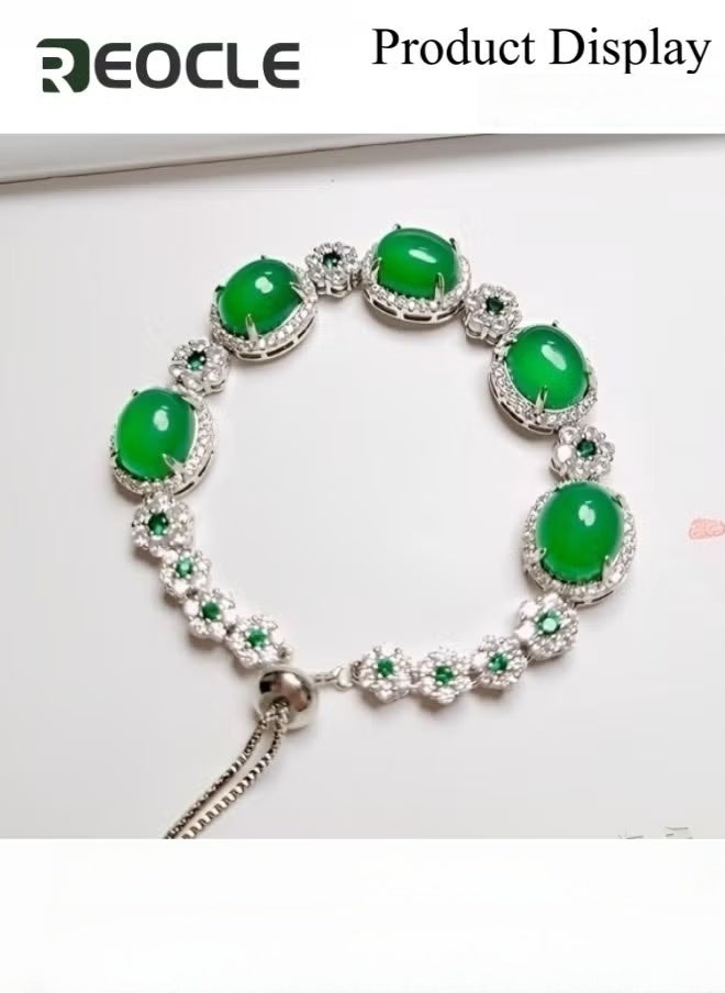 REOCLE Women's Bracelet Green Agate Bracelet Elegant Exquisite Bracelet  Crystal Flower Connection Diamond Round Bead Design Lucky Jade Bracelet as Jewelry Gift for Ladies  - Image 4