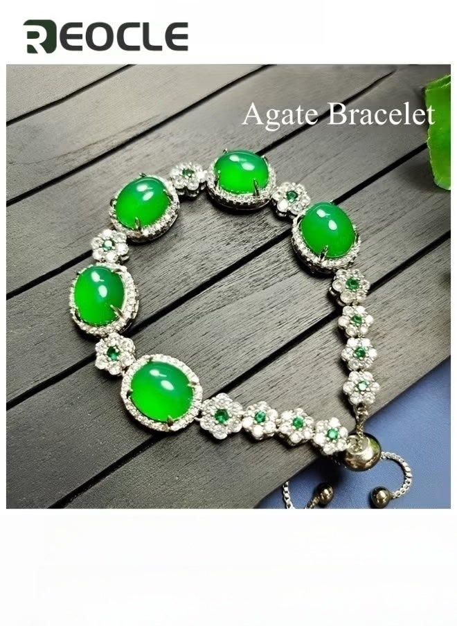 REOCLE Women's Bracelet Green Agate Bracelet Elegant Exquisite Bracelet  Crystal Flower Connection Diamond Round Bead Design Lucky Jade Bracelet as Jewelry Gift for Ladies  - Image 1