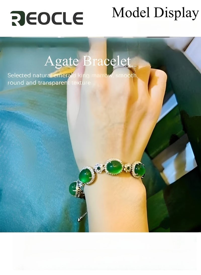 REOCLE Women's Bracelet Green Agate Bracelet Elegant Exquisite Bracelet  Crystal Flower Connection Diamond Round Bead Design Lucky Jade Bracelet as Jewelry Gift for Ladies  - Image 2