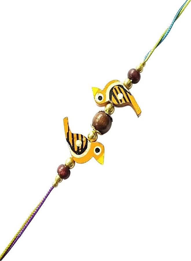 KRISHNA Rakhi Fancy Double Brown Wooden Bird pendel with Wooden beads for Rakshabandhan for Men and Boys (Two Birds) - Image 1