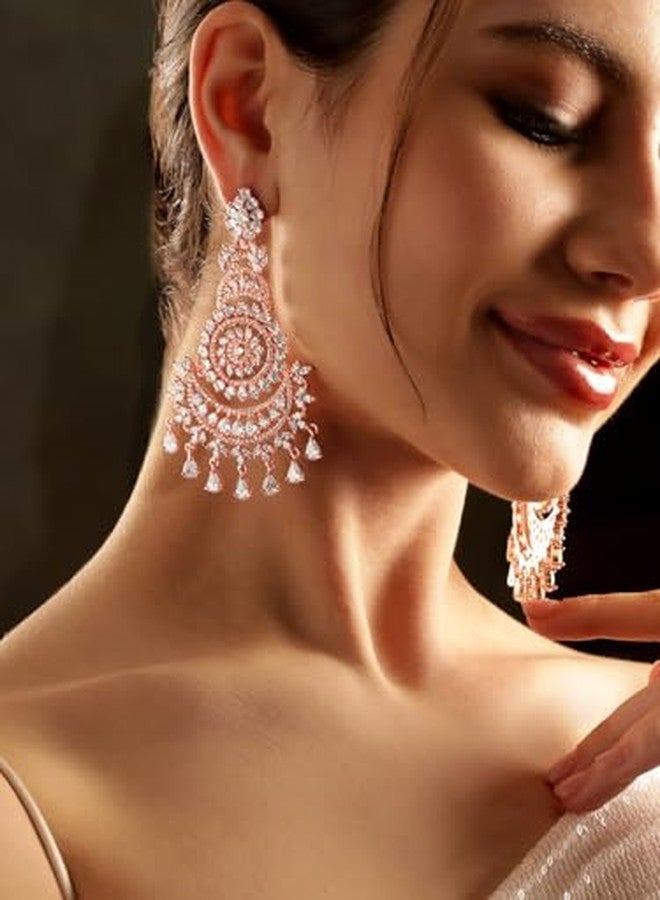 Rubans Womens 18K Rose Gold Plated Crystal Zirconia Studded Chandbalis - Image 3