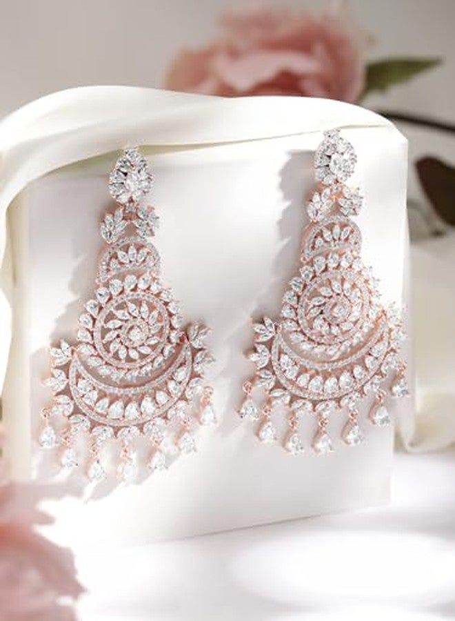 Rubans Womens 18K Rose Gold Plated Crystal Zirconia Studded Chandbalis - Image 4