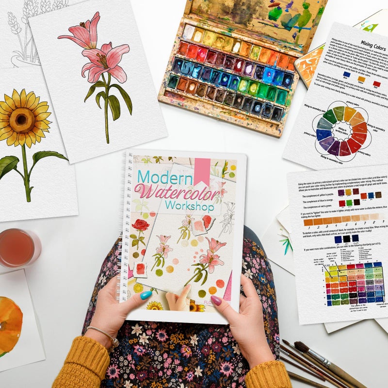ADEVIAN Watercolor Workbook, Watercolor Workbook Paint Book Beginner Friendly, 12 Different Patterns Stress-Relieving Art Crafts for Creative Exploration Gift for Women Adults Teens (Flower, 1) - Image 2