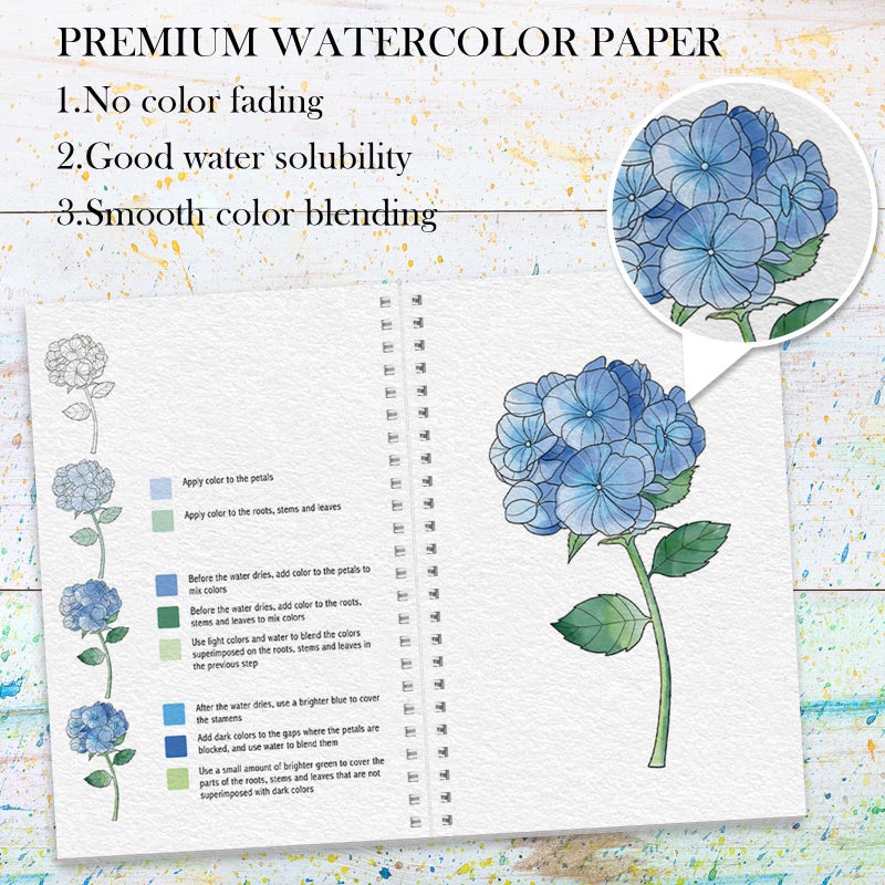 ADEVIAN Watercolor Workbook, Watercolor Workbook Paint Book Beginner Friendly, 12 Different Patterns Stress-Relieving Art Crafts for Creative Exploration Gift for Women Adults Teens (Flower, 1) - Image 3