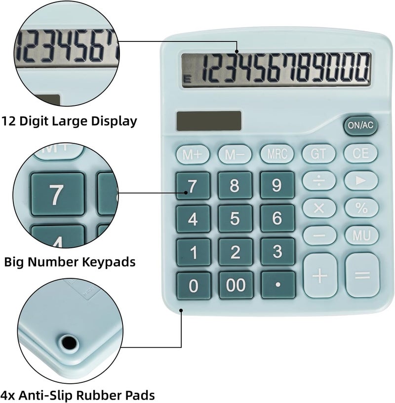 4 Pack Basic Calculators, Handheld Desktop Standard Calculators, Solar Battery Dual Power 12 Digit Desk Calculator with Large LCD Display and Big Sensitive Button for Office School Pink Blue - Image 3
