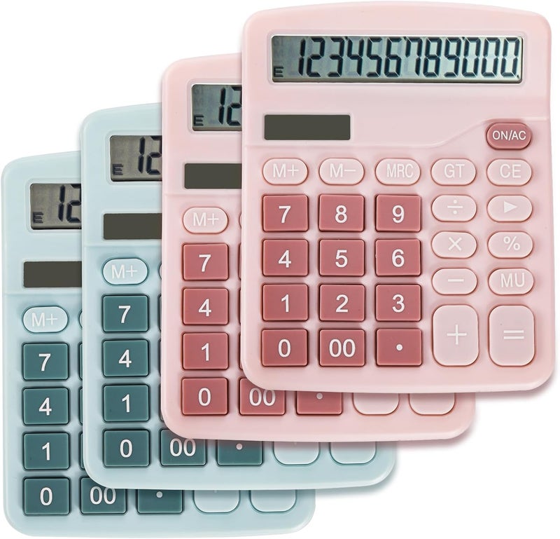 4 Pack Basic Calculators, Handheld Desktop Standard Calculators, Solar Battery Dual Power 12 Digit Desk Calculator with Large LCD Display and Big Sensitive Button for Office School Pink Blue - Image 1