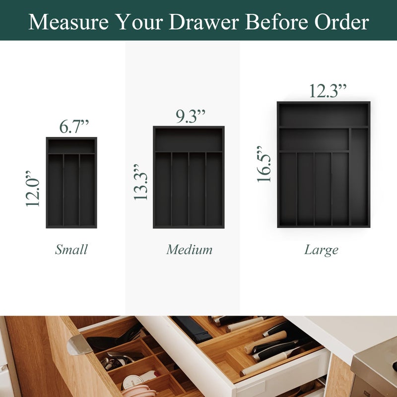 BEKVEM Bamboo Silverware Organizer, Kitchen Drawer Organizer, Utensil Holder, Cutlery Tray & Spoon Flatware Storage with Grooved Drawer Dividers (5 Slots, Black) - Image 2