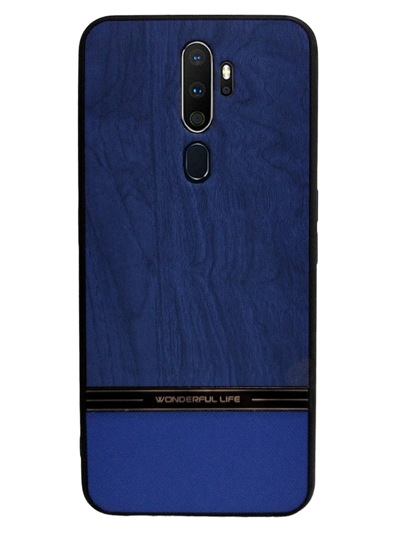 حافظة هاتف فاخرة مقاومة للصدمات مصنوعة من الجلد الخشبي المحبب PU وTPU لهاتف oppo A9 2020/A5 2020 (أزرق)