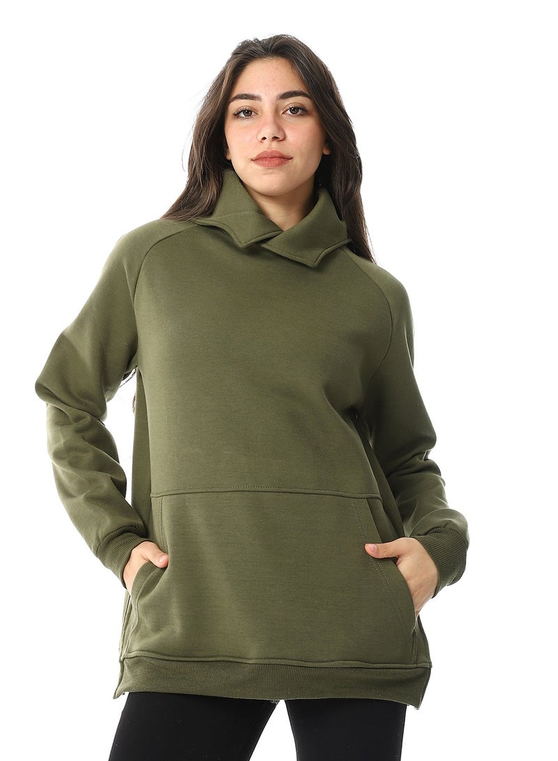 Andora Long Sleeves Slip On Fleeced Plain Hoodie _ Army Green - Image 1
