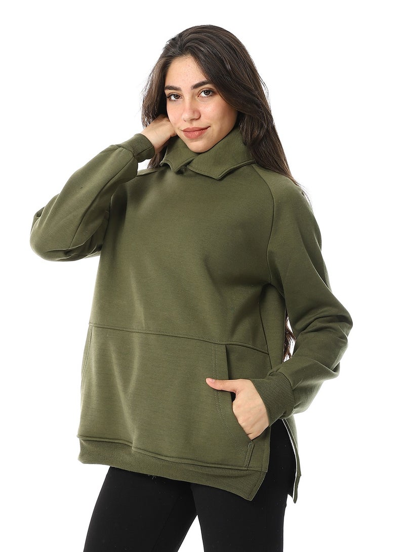 Andora Long Sleeves Slip On Fleeced Plain Hoodie _ Army Green - Image 2
