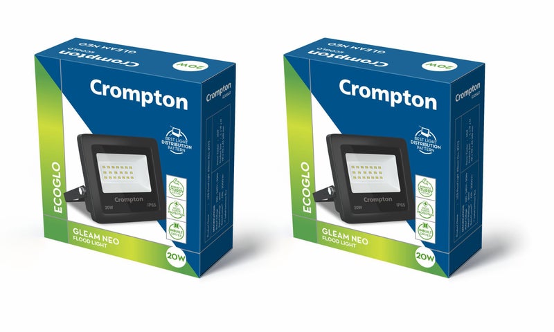 Crompton Aluminium Gleam 20W LED Flood Light | Outdoor Waterproof Security Light | Wide Angle Beam | Cool Daylight 6500K | Energy Saving | Pack of 2 - Image 1