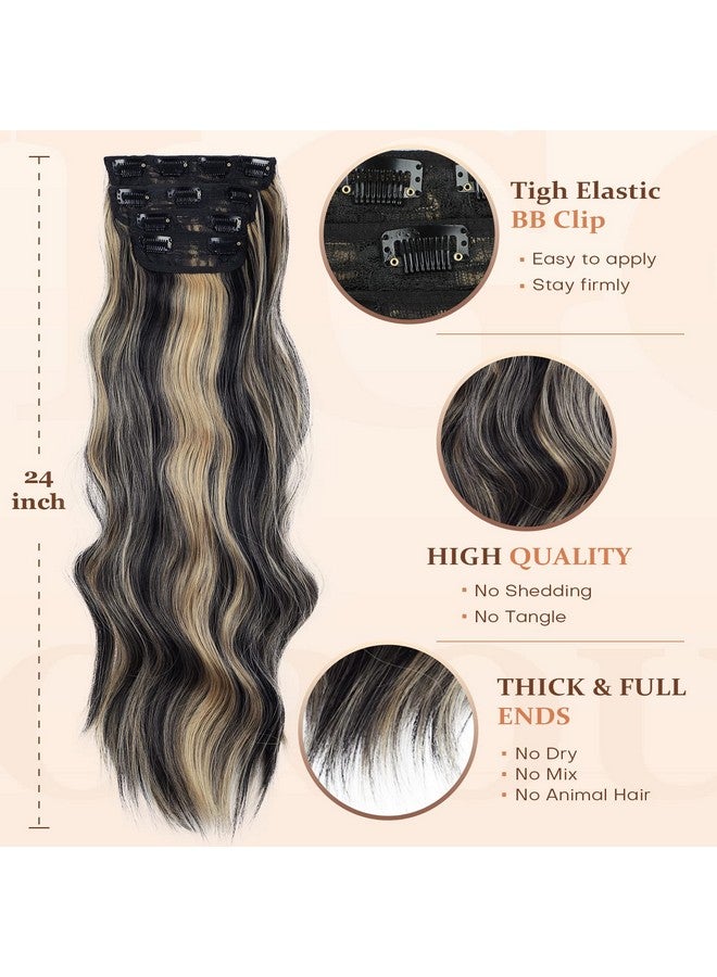 Vigorous Wavy Hair Extension For Women 4Pcs Black Mix Blonde Long Clip In Hair Extensions Soft Synthetic Hairpieces (24 Inches, Black Mix Blonde) - Image 3