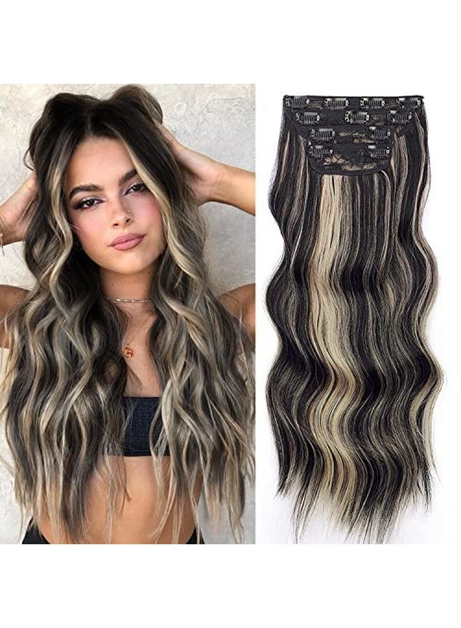 Vigorous Wavy Hair Extension For Women 4Pcs Black Mix Blonde Long Clip In Hair Extensions Soft Synthetic Hairpieces (24 Inches, Black Mix Blonde) - Image 1