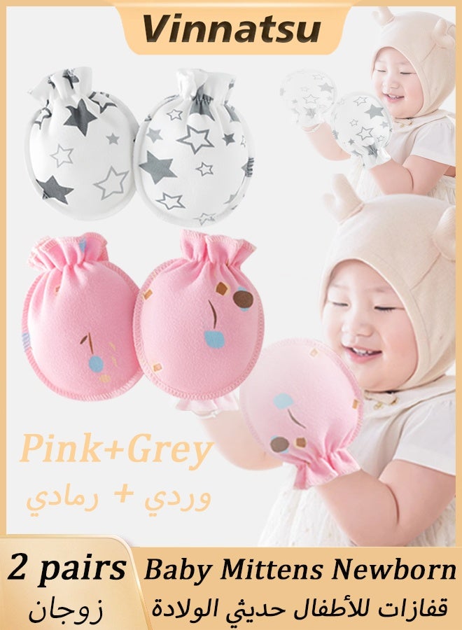Vinnatsu 2 Pairs of Baby Mittens Newborn Baby Anti-Scratch Gloves Anti-scratch Face Gloves Elastic Adjustable Cotton Breathable Scratch-Resistant Gloves, Suitable For Boys And Girls 0-12 Months Grey+Pink - Image 1