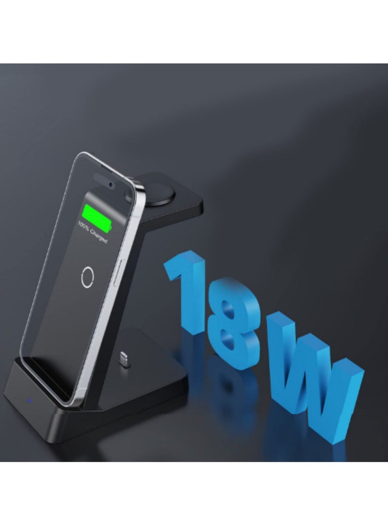 Generic - Wireless Charging Station, 18W Fast Wireless Charger for iPhone 14/13/12/11/Pro/Max/SE/XS/XR/X/8 Plus/8, 3 in 1 Wireless Charging Dock Stand for Watch Series & Bluetooth Headset - Image 1