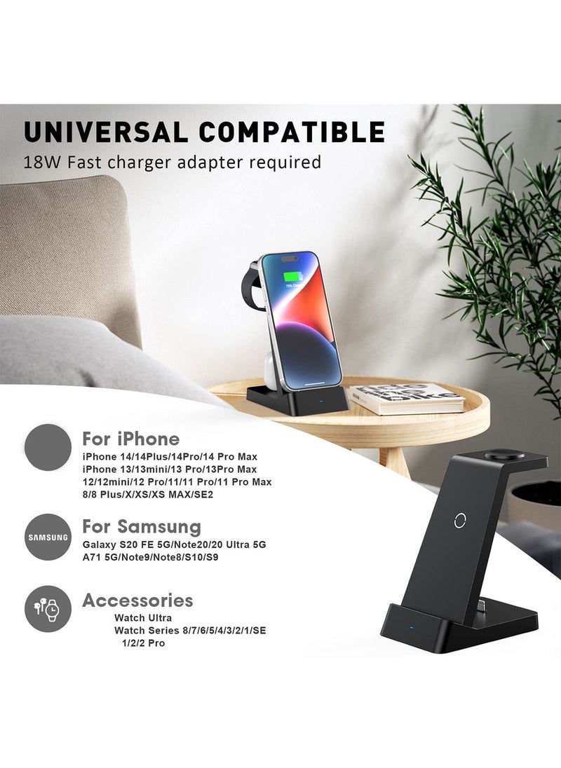 Generic - Wireless Charging Station, 18W Fast Wireless Charger for iPhone 14/13/12/11/Pro/Max/SE/XS/XR/X/8 Plus/8, 3 in 1 Wireless Charging Dock Stand for Watch Series & Bluetooth Headset - Image 1