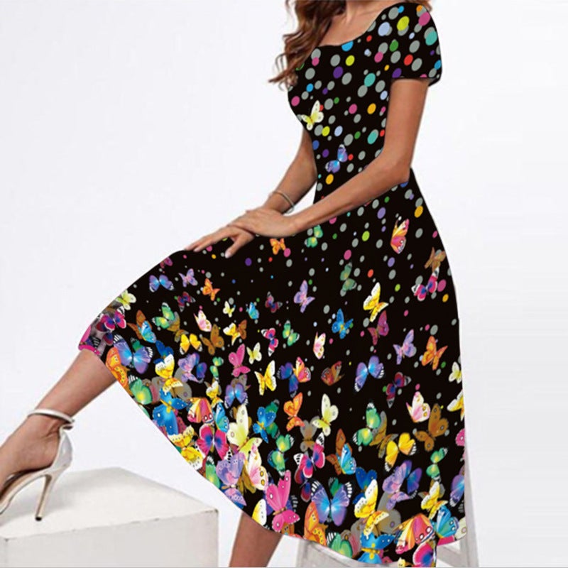 Women's Square Neck Short Sleeve Maxi Dress with Print Flared Hem - Image 3