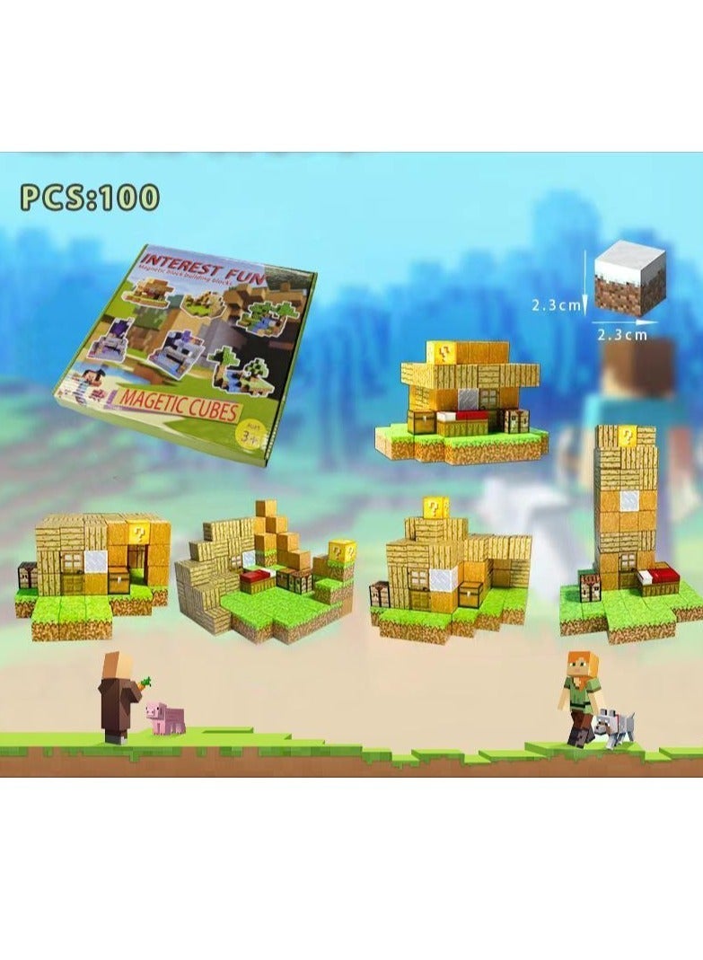AirYoung 100pcs Minecraft Magnetic Building Blocks Set – Creative STEM Toy for Kids, Safe & Educational Pixel Cube Construction Kit - Image 1