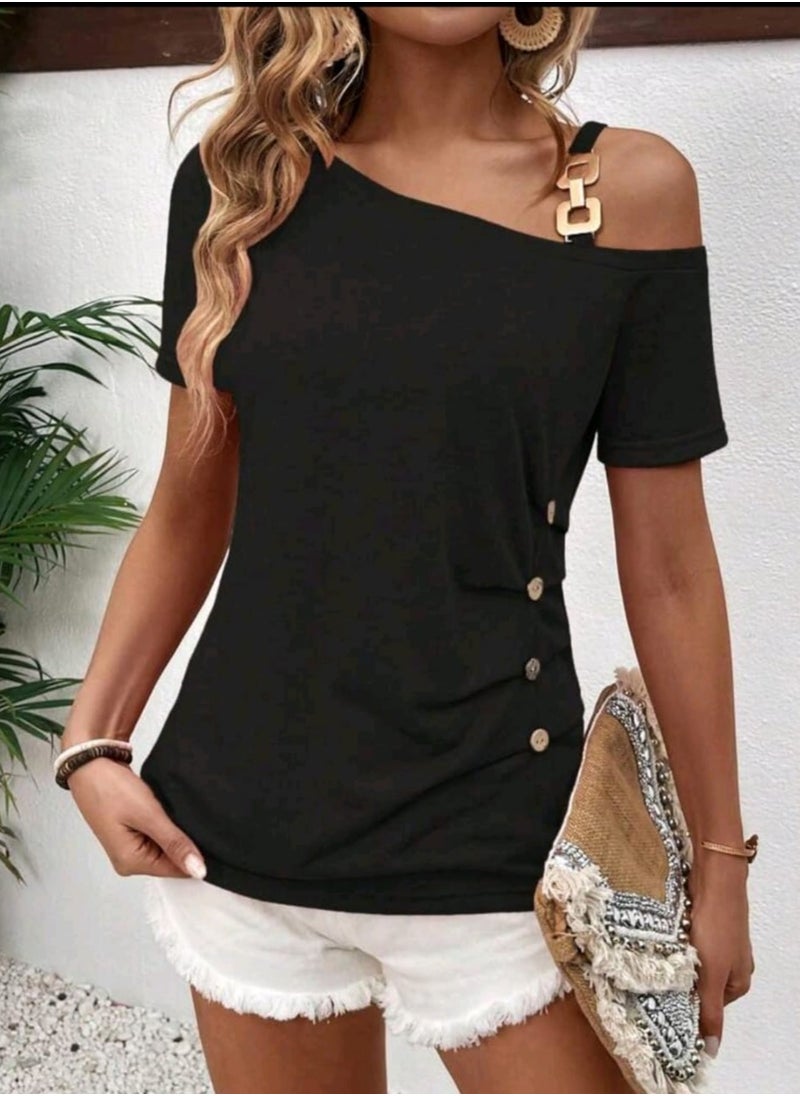 Shein SHEIN LUNE Women's Asymmetrical Collar Short Sleeve Casual T-Shirt With Pleats And Button  - Image 1