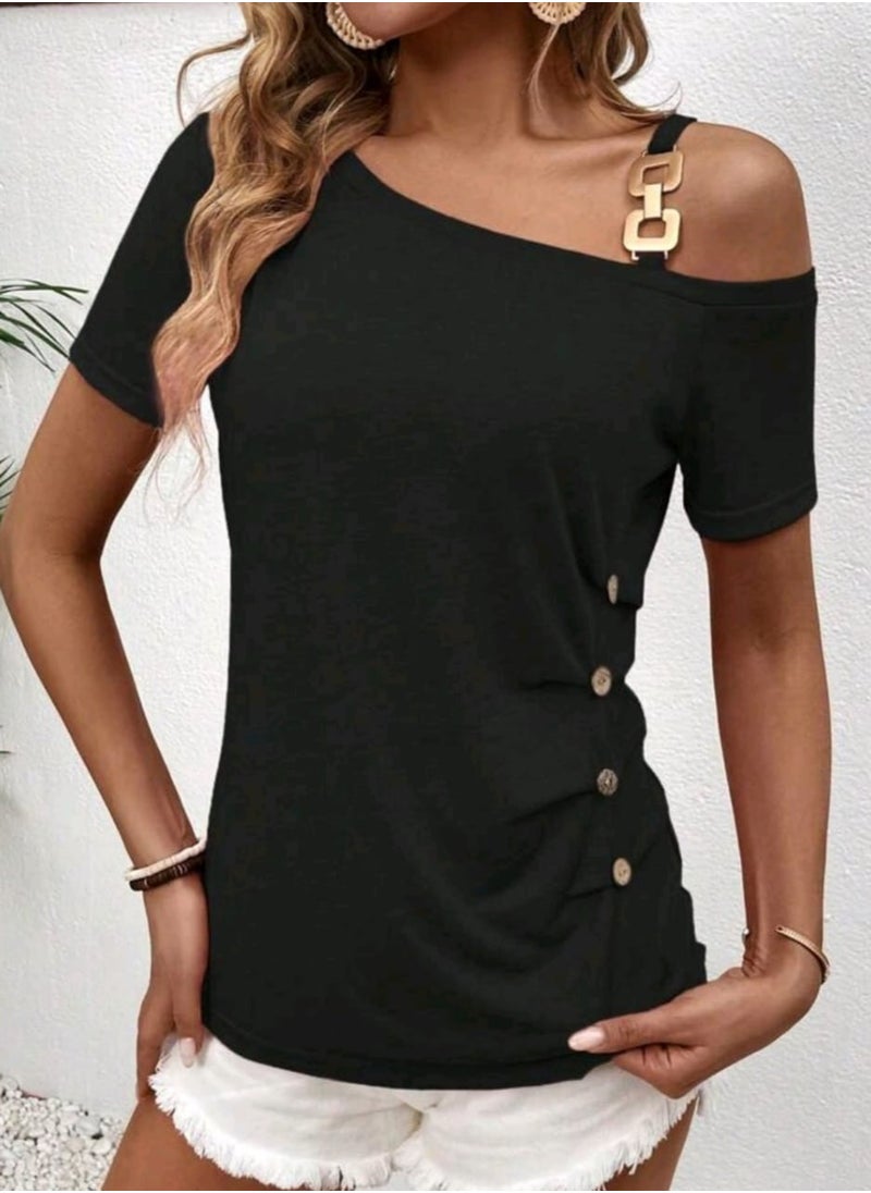 Shein SHEIN LUNE Women's Asymmetrical Collar Short Sleeve Casual T-Shirt With Pleats And Button  - Image 2
