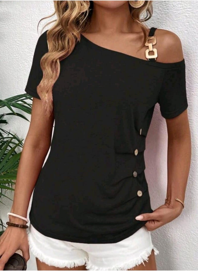 Shein SHEIN LUNE Women's Asymmetrical Collar Short Sleeve Casual T-Shirt With Pleats And Button  - Image 3