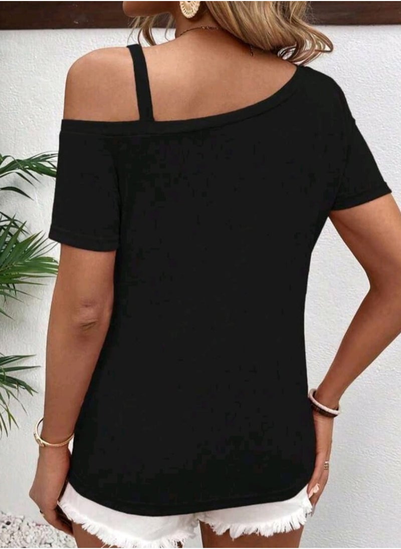 Shein SHEIN LUNE Women's Asymmetrical Collar Short Sleeve Casual T-Shirt With Pleats And Button  - Image 4