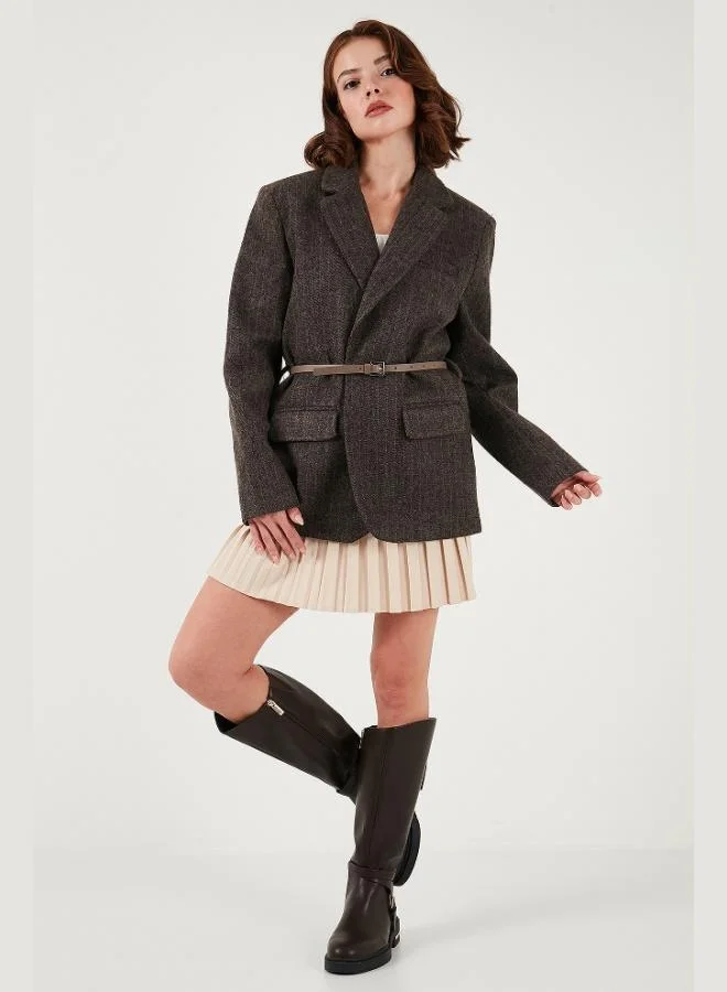 ليلا جاكيت نسائي ليلا مخطط بقصة واسعة مزدوج الصدر بحزام