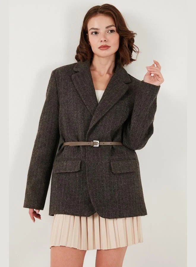 ليلا جاكيت نسائي ليلا مخطط بقصة واسعة مزدوج الصدر بحزام