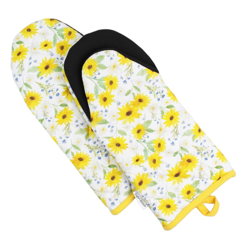 Sage+Stitch SageStitch Heat Resistant Designer Kitchen Oven Mitts with Neoprene NonSlip Grips and Hanging Loops  Set of 2 100 Cotton Long Sleeve Kitchen Oven Mitts  55 x 12  Sun Flowers