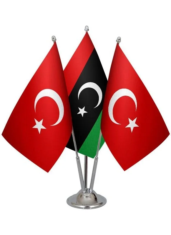 ساترنديزاين Desktop Libya Flag Turkish Flag Triple Chrome Pole Table Flag Set