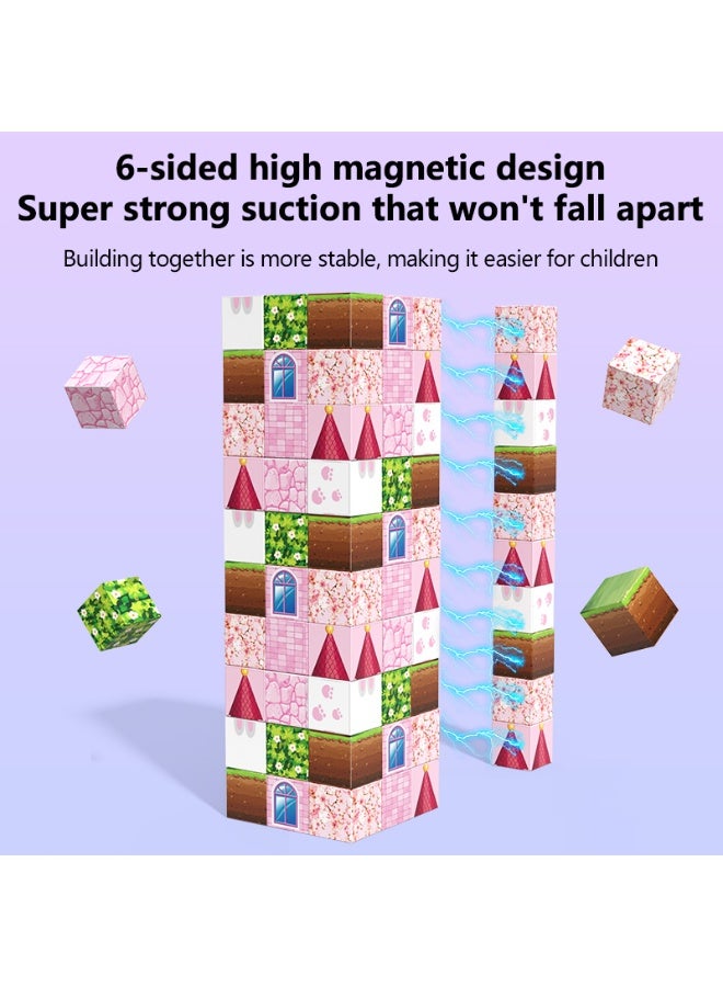 NIBEMINENT Pink castle magnetic building block set, suitable for boys and girls over 3 years old DIY to improve hand skills and creativity  - Image 2